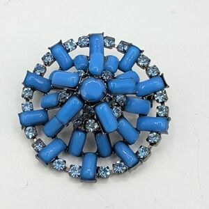 Vintage Blue Glass Rhinestone Tiered Brooch Pin Gunmetal Tone Mid Century